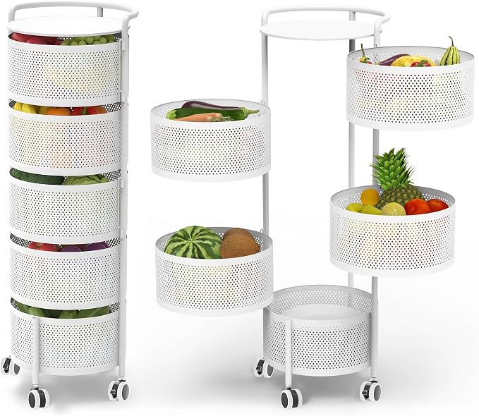 JAQ No Assembly 5-Tier Kitchen Storage Cart with Wheels, Rotating Produce Organizer for Onion, Potato & Vegetable Storage, Large Capacity Pantry Rack, White
