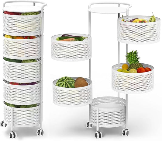 JAQ No Assembly 5-Tier Kitchen Storage Cart with Wheels, Rotating Produce Organizer for Onion, Potato & Vegetable Storage, Large Capacity Pantry Rack, White