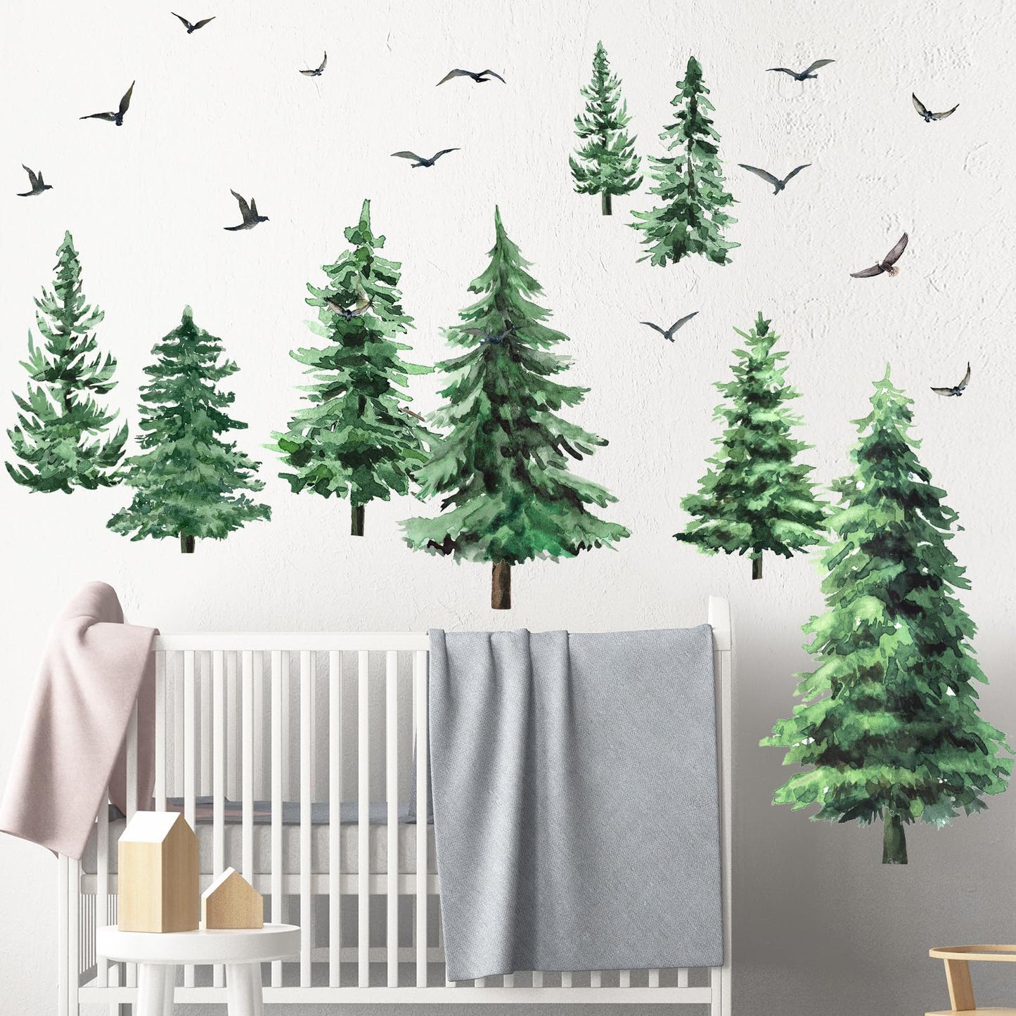 Qilery Large Pine Tree Wall Decals Winter Tree Wall Decal Watercolor Peel and Stick Forest Stickers Woodland Birds Branch Sticker for Nursery Bedroom Living Room(Classic Style)