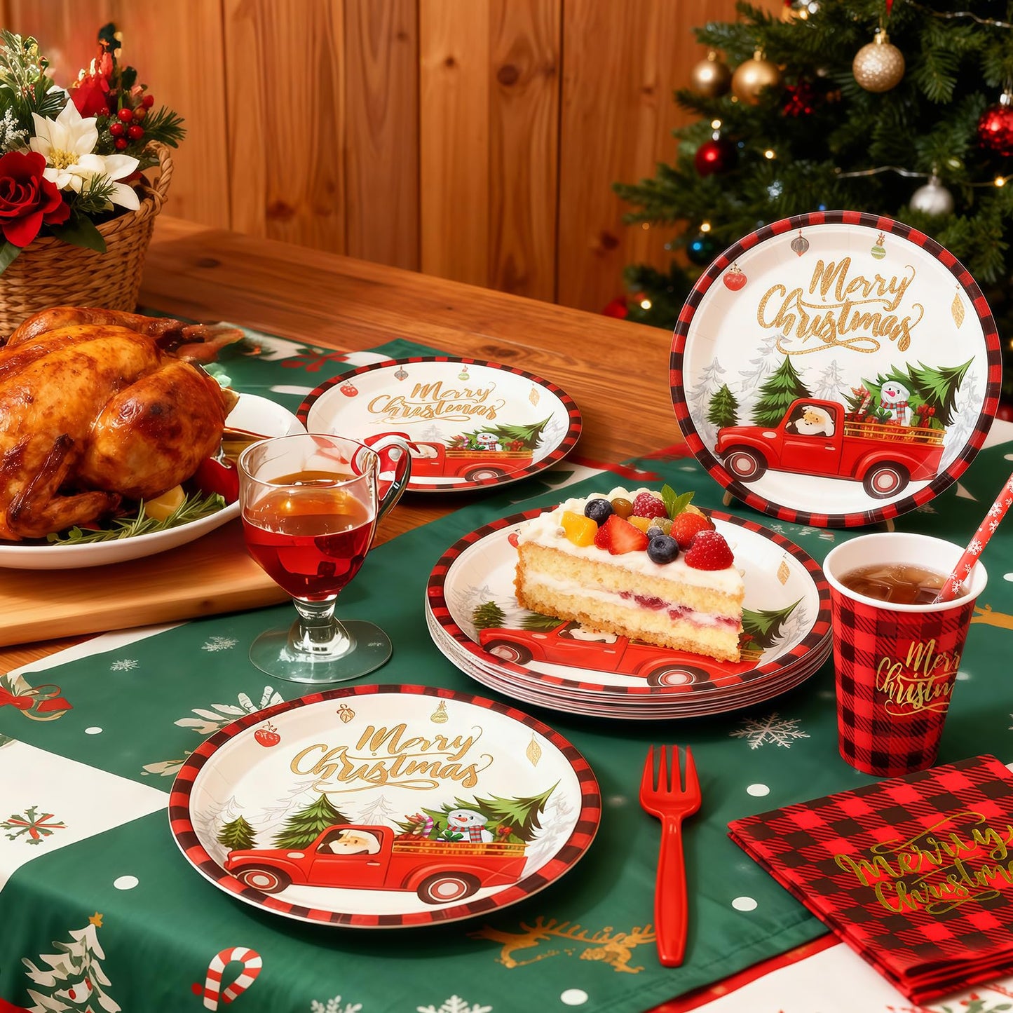 TOTOMA Christmas Party Decorations Paper Plates & Napkins 25 Guest, Disposable Plates Set, Holiday Paper Plates, Napkins, Cups with Golden Print, Santa Driving Pattern, Straws, Banner for Christmas