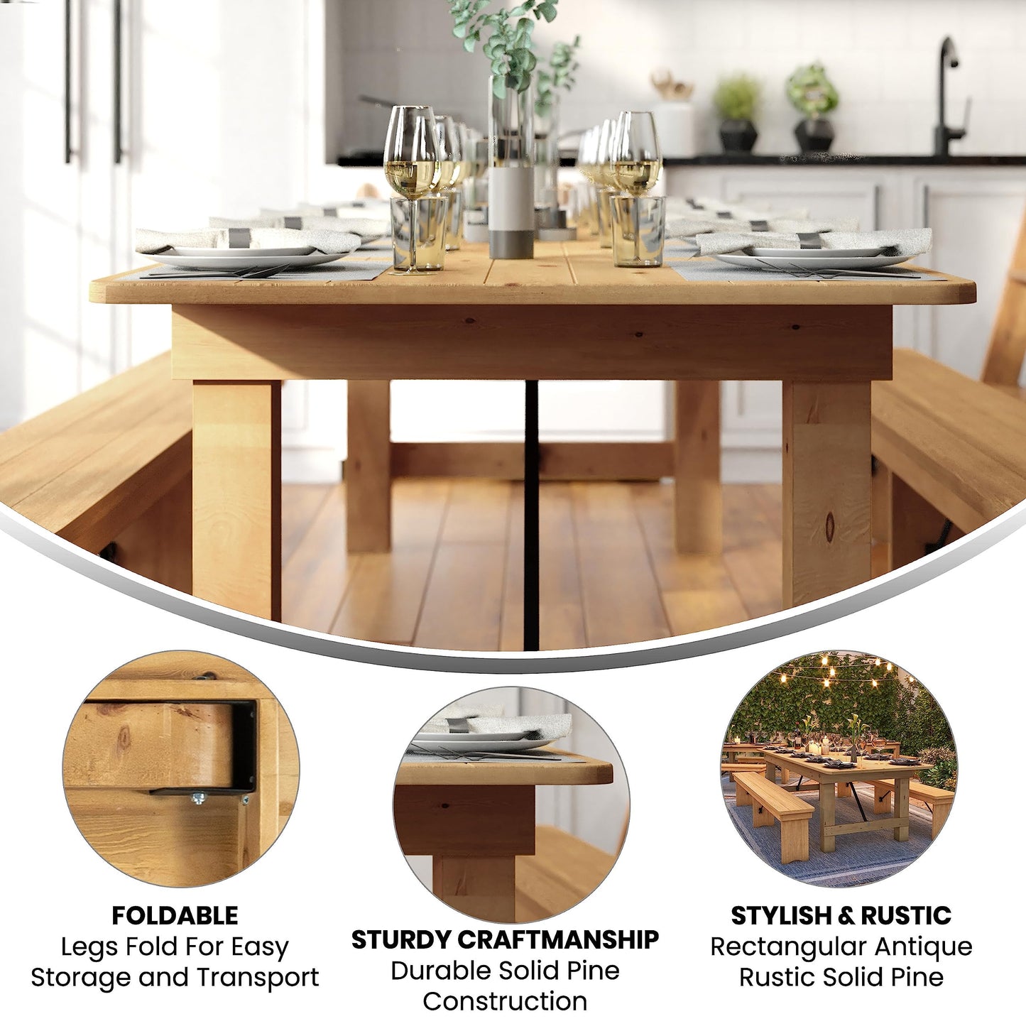 Taylor & Logan Ingles 9' x 40" Rectangular Antique Rustic Light Natural Solid Pine Folding Farm Table