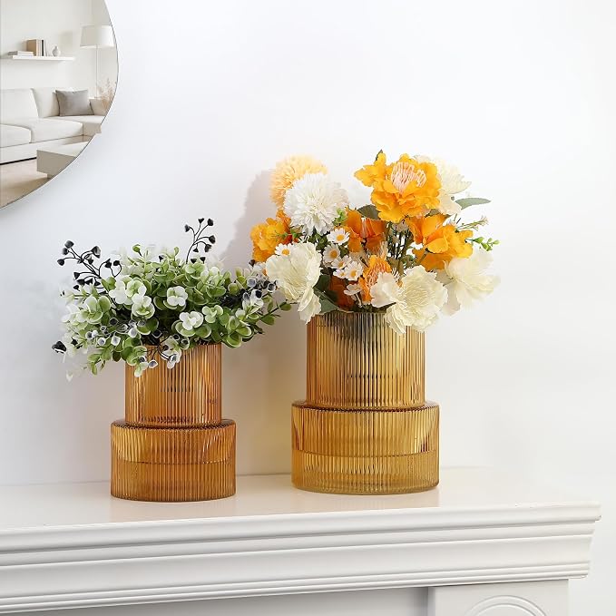 Ribbed Glass Vases for Bouquet, Set of 2 Amber Vases for Flowers, Amber Glass Vase for Tulips, Modern Vase for Living Room, Office, Coffe Table, Dining Table, Shelf, Wedding