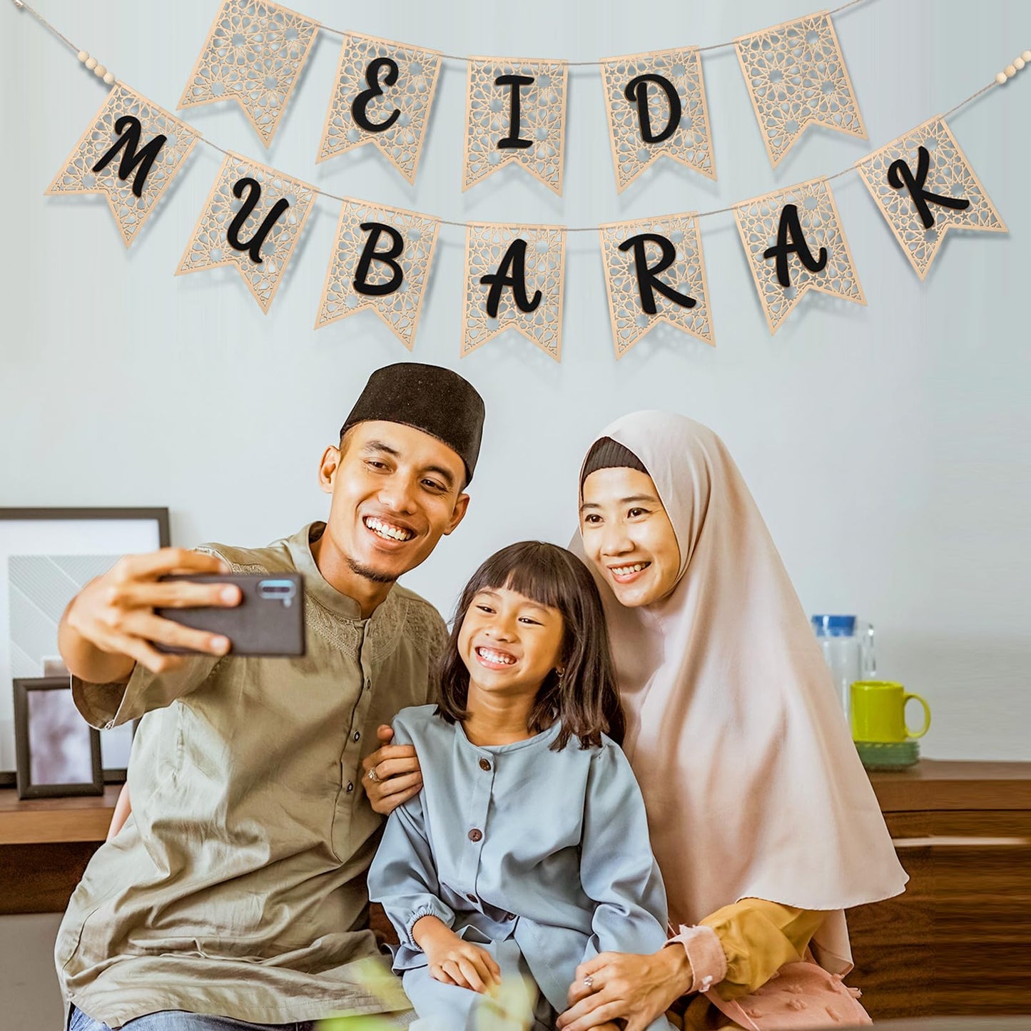 Menkxi 2 Pcs Eid Mubarak Banner Decorations Wooden Ramadan Eid Decoration for Home Rustic Ramadan Mubarak Garland Hanging Supplies for Mantel Fireplace Muslim Home Indoor Outdoor Party(Natural, Black)
