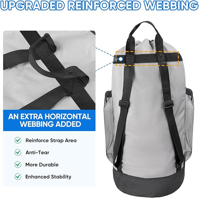 BALEINE 150L Laundry Bag Backpack, 900D Oxford Fabric Large Travel Laundry Bags with Shoulder Straps and 2 Mesh Pockets for College Dorm, Apartment, Laundromat (Grey, 150L)