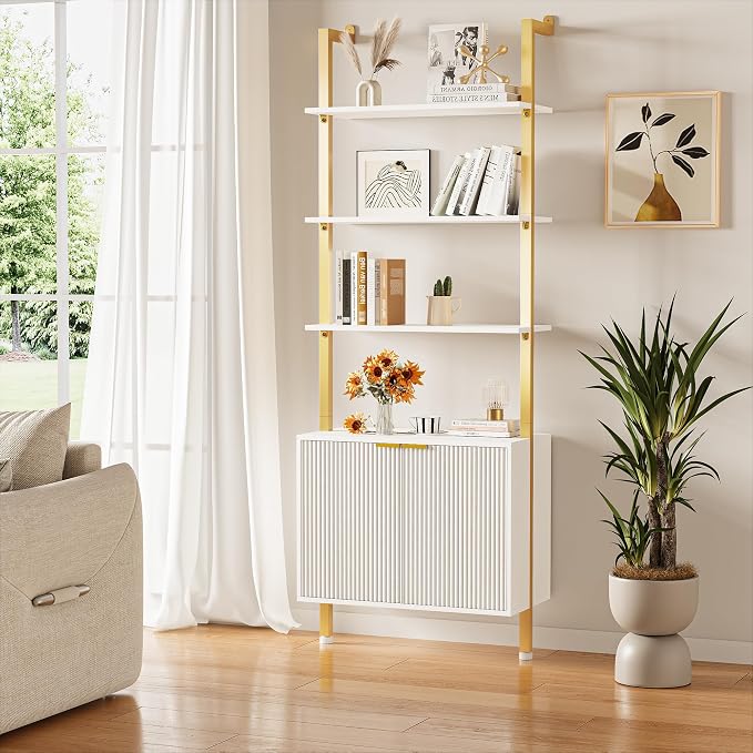 INNOD 74" Tall Bookshelf with Storage Cabinet, Modern Ladder Shelf with Wood and Metal Frame, Wall Mount Bookcase Open Display Shelf Furniture for Living Room, Bedroom, Home Office, Gold