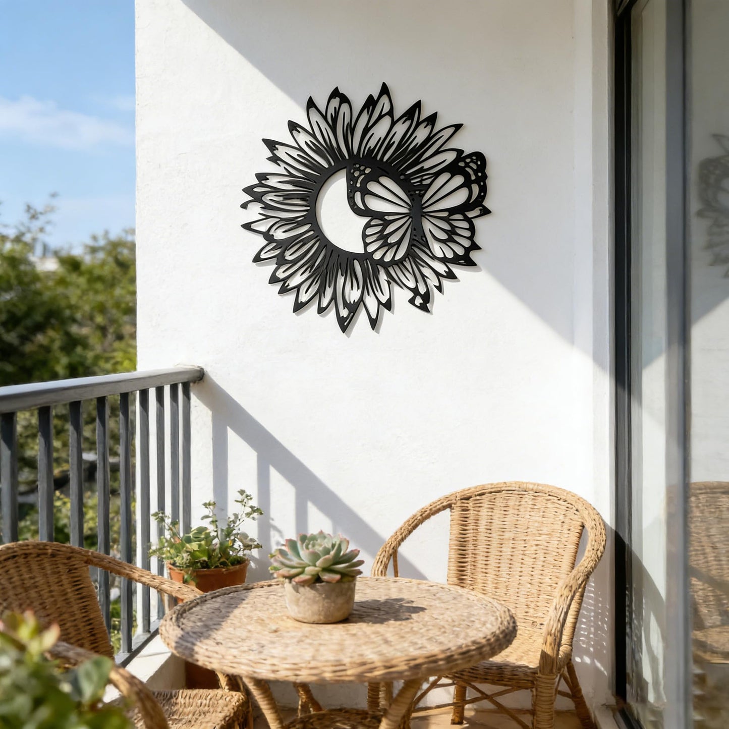 SonnTonn Sunflower Butterfly Metal Wall Art, Indoor Home Wall Sculpture for Living Room, Bedroom, Outdoor Garden Decor for Patio (11.8”x11.8” / 30x30cm)