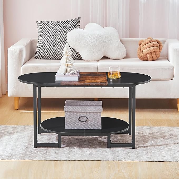 HOOBRO Coffee Table for Living Room, Oval Small Coffee Table with 2-Tier Open Storage Shelf, Industrial Cocktail Tea Table, Wooden Desktop Center Table, Home Office, Rustic Brown and Black BFK09KF01