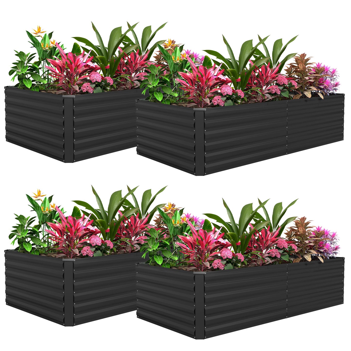 FOOWIN 4pcs 8x4x2ft Galvanized Raised Garden Bed, Planter Raised Garden Boxes Outdoor, Large Metal Raised Beds for Gardening, Garden Bed for Vegetables, Flowers, Herb,478 Gallon Capacity, Black