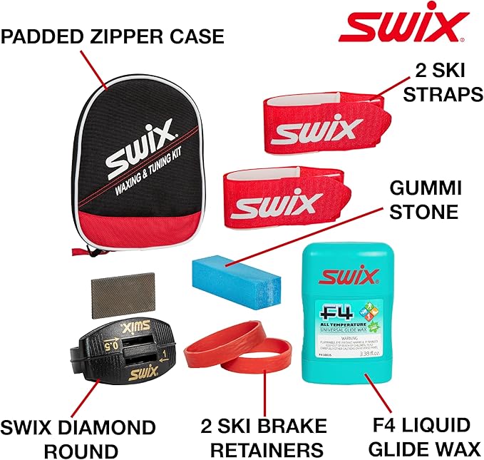 Swix Ski and Snowboard Touchup and Wax Kit - Comprehensive Winter Sports Maintenance Set with F4 Wax, Pocket Edger, Gummi Stone, Ski Brake Retainers, and Ski Straps