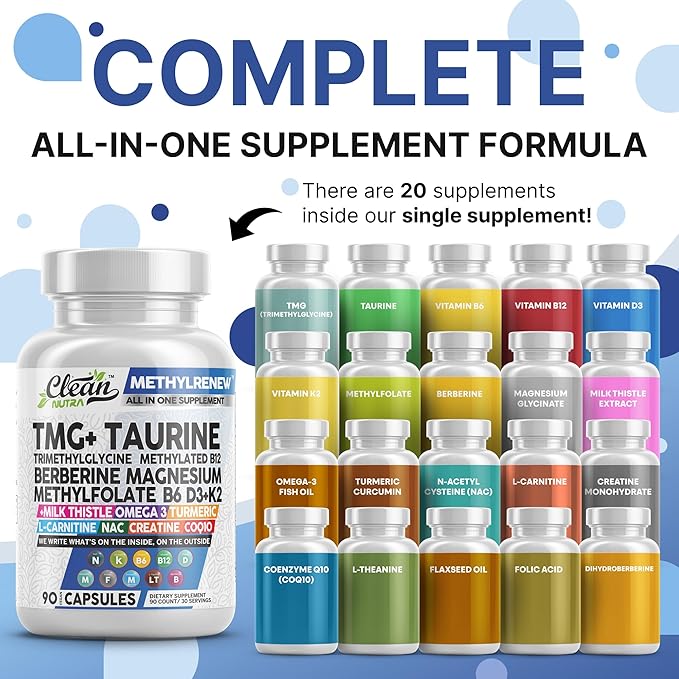 Clean Nutra TMG Supplements 1000mg | Methylated Multivitamin for Women Men | Taurine B6 Vitamins B12 D3 K2 Trimethylglycine Magnesium Methylfolate Milk Thistle NAC COQ10 B Supplement Complex Capsules