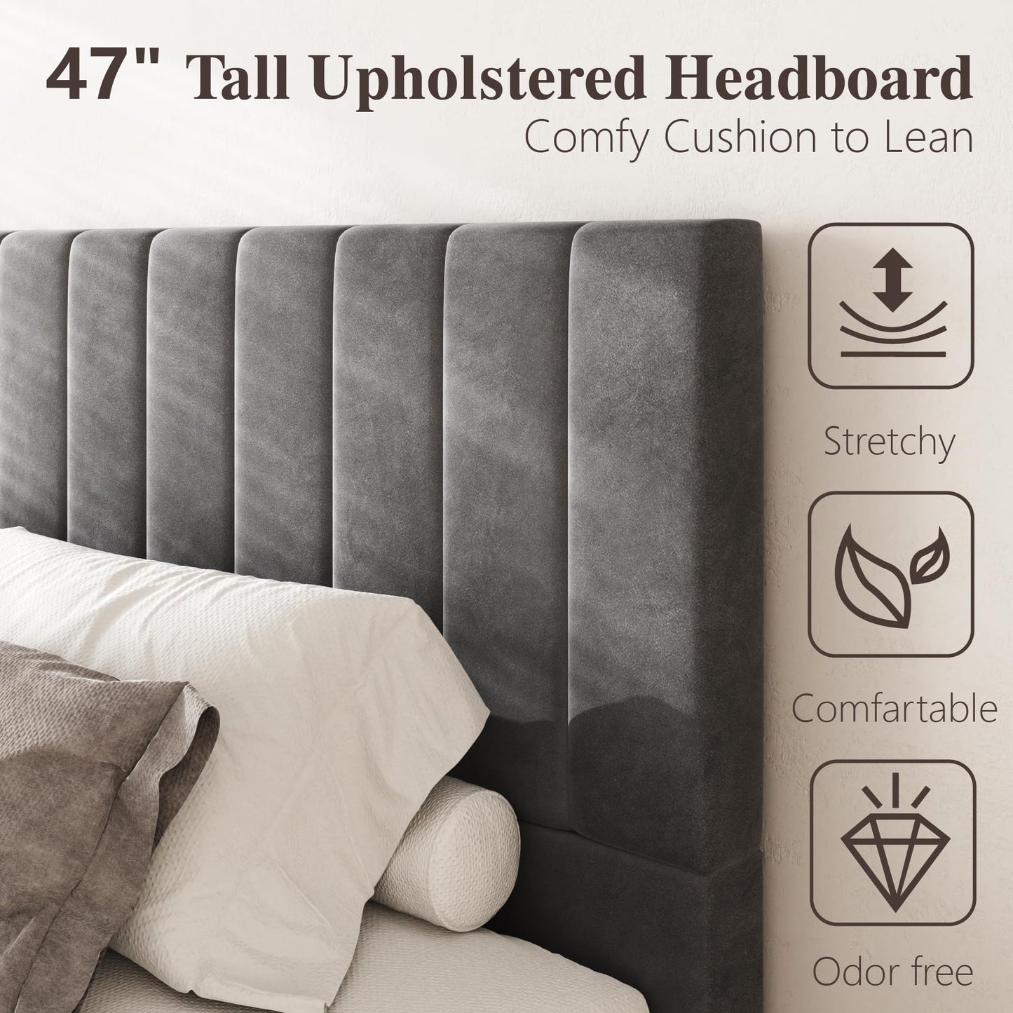 Sismplly Queen Size Cloud Bed Frame with 47" Tall Headboard, Velvet Upholstered Platform Bed with Thickened Sides & Footboard, No Box Spring Needed, Easy Assembly, Dark Gray