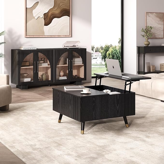 JOINICE 32" Square Lift Top Coffee Table with Storage, Modern Black Center Table for Living Room, Minimalist Wood Cocktail Table with Rising Desktop, Home Office
