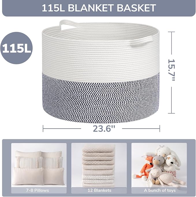 INDRESSME 115L Extra Large Cotton Rope Basket, Blanket Basket for Home Decor Living Room Nursery, Toy Storage Baskets for Kids Boys Girls, White & Navy
