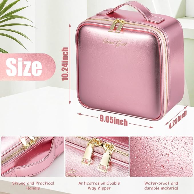 Extrei Gent Makeup Travel Train Case with Mirror LED Light 3 Adjustable Brightness Large Cosmetic Bag Portable Storage Adjustable Partition Waterproof Makeup Brushes Make up Jewelry Gift for Women
