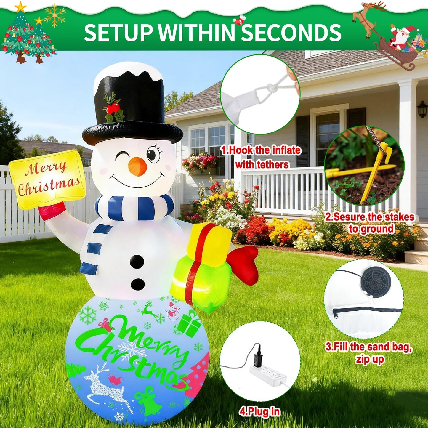 Airdomi 6FT Christmas Inflatables Snowman Outdoor Christmas Decorations Blow Up Snow Man Decor Built-in Rotating Music Box LED Light Wear Magic Hat for Indoor Yard Holiday Party Garden Xmas New Year