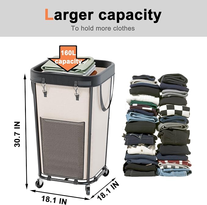 Laundry Basket with Wheels Rolling Laundry Basket, Removable Laundry Bag Design for Daily Use in Bathrooms and Laundry Rooms (White, 160L)