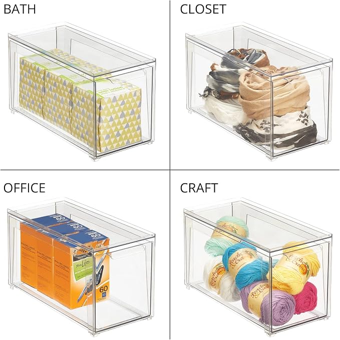 mDesign Plastic Stackable Bathroom Storage Organizer Bin Containers with Front Pull Drawer for Bathroom Countertop, Vanity, Closet Shelves - Holder for Accessories - Lumiere Collection, 2 Pack, Clear