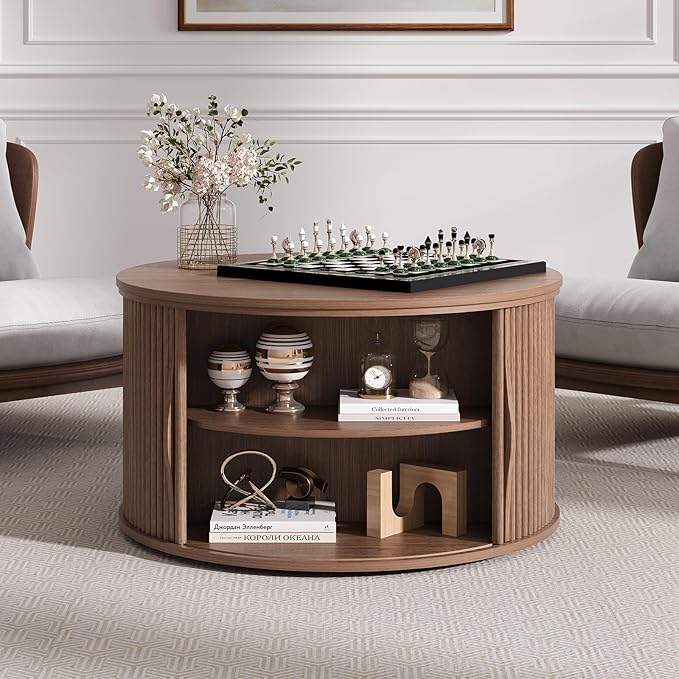 JOINICE 31.5" Round Lift Top Coffee Table, Mid Century Modern Walnut Center Table with Hidden Storage, Fluted Drum Wood Design for Small Living Room & Apartment