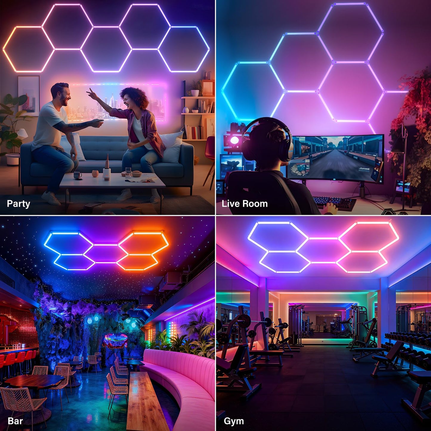 ALLYES Hexagon Garage Lights - RGB Hexagon Wall/Ceiling Lights with Music Sync Dimmable & Speed Adjustable Modes, App & Remote Control, Multi-Scene Honeycomb Light for Gaming Room, Bar, Party, Gym