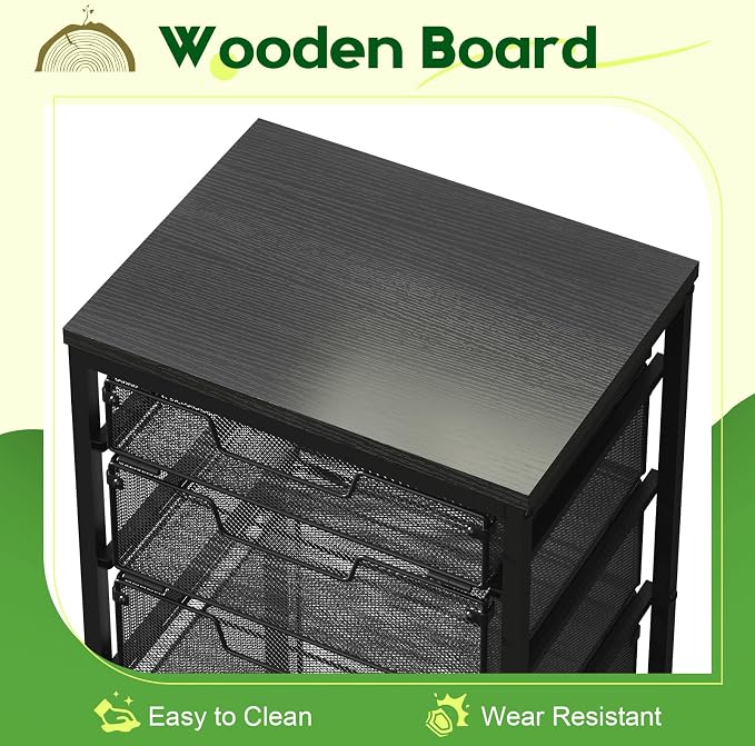 Sbanmao 4 Drawers Rolling Storage Cart, 1 Large Drawer (11.22"D x 12.2"W x 9.84"H) & 3 Small Drawers, Rolling Storage Cart with Lockable Wheels, Craft Storage Cart for Bedroom, Office, Black