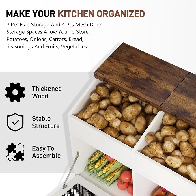 Potato And Onion Storage Bin with Lid,Veggie Bin W/6 Large Storage Box.Root Vegetable Storage Box For Kitchen,Farmhouse Potato Storage Bin W/4 Mesh Doors,Bread Keeper for Toast,Bagel,Donut,Cookies
