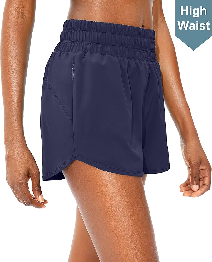 SANTINY Women's Running Shorts with Zip Pockets High Waisted Athletic Workout Gym Shorts for Women with Liner