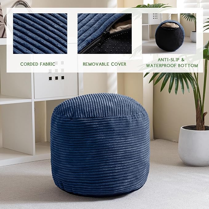 HIGOGOGO Round Stuffed Pouf Ottoman, Corduroy Poufs with Foam Chunk Filling, Furry and Fluffy Pouf Foot Stool Storage Ottoman, 20 X 15 Floor Poufs Foot Rest for Living Room, Bluestone