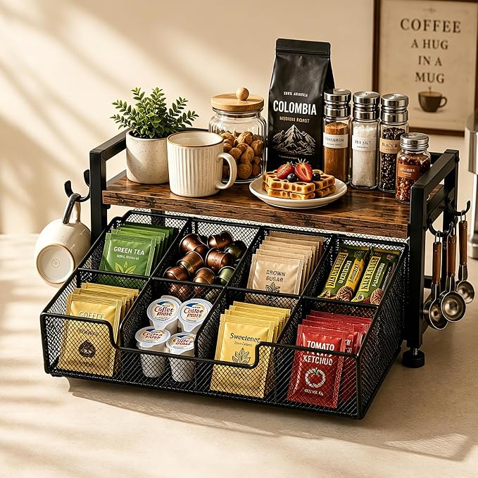 Tea Bag Organizer, Tea Bag Organizer Drawer, Wood Tea Organizers and Storage Chest Teabag Holder with Storage Drawer,Rustic Brown for Countertop Kitchen, Office