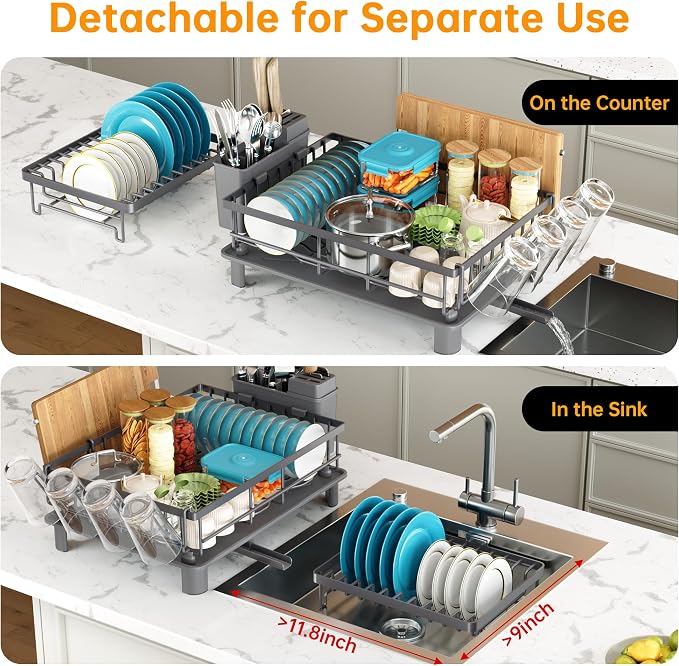 2 Tier Dish Drying Rack, Large Dish Racks for Kitchen Counter with Drying Mat, Detachable Dish Drainer Organizer, Rust-Resistant Space-Saving Dish Rack with Drainboard and Utensil Holder,Gray