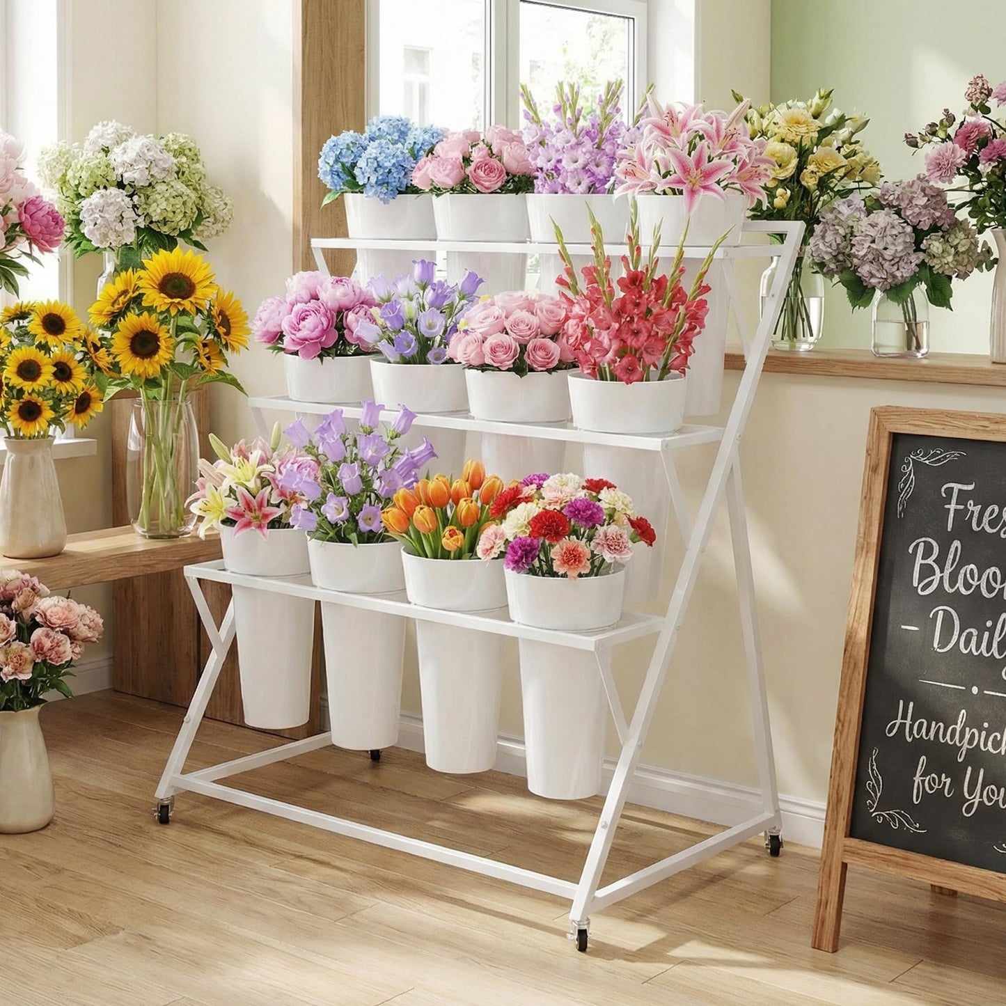 Asee'm Flower Display Stand with 12 Buckets Metal Flower Bar Stand 3 Layer Heavy Duty Flowers Cart Display with Wheels Moving Florist Bouquet Shelf for Indoor Outdoor Patio Decor Terrace Wedding White