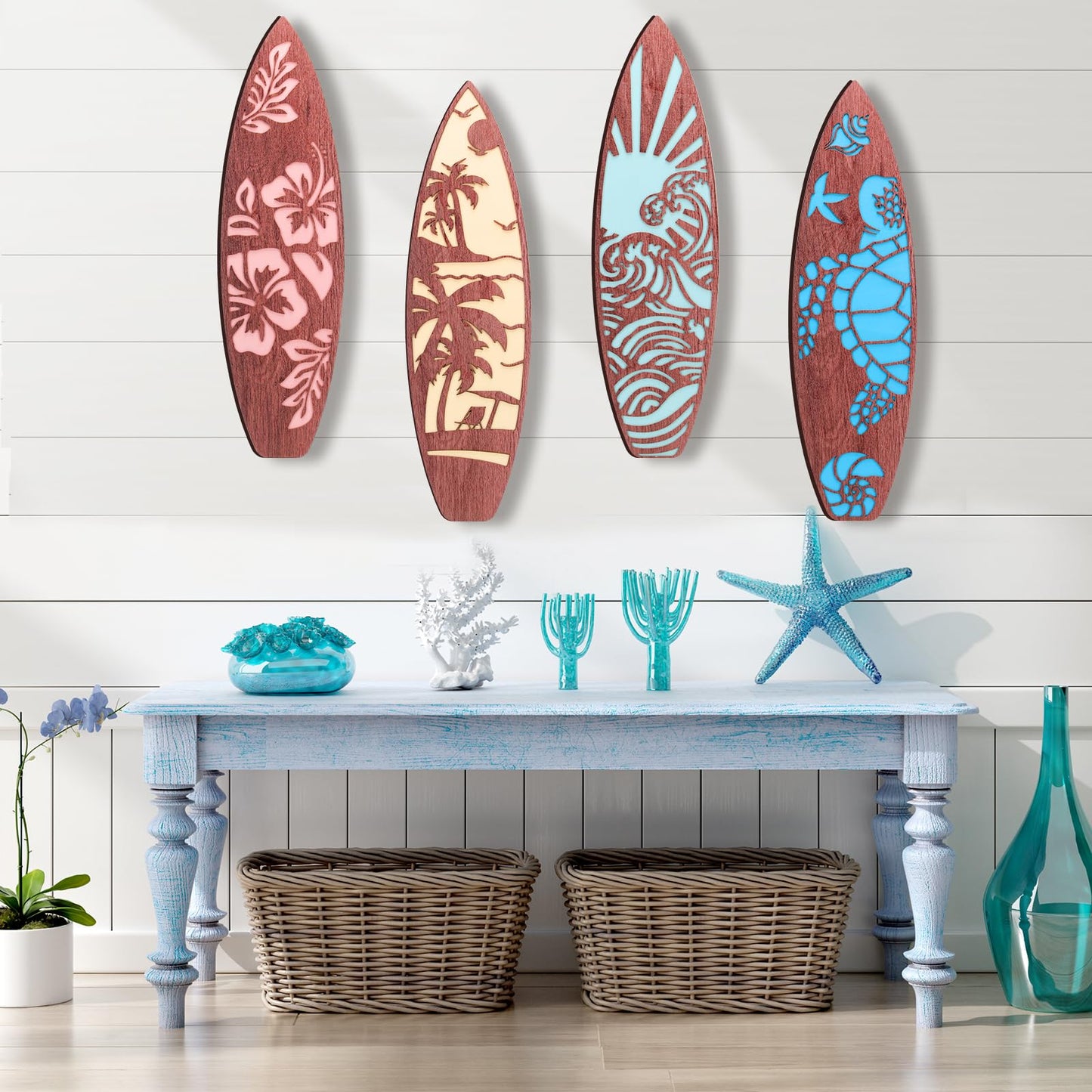 Lineshading 4 Pcs 23.6" x 6.7" Surfboard Wall Decor Large Surfboard Hanging Sign Summer Hawaiian Tropical Surf Boards Decor for Wall Room Bedroom Party Beach Art(Classic Style)