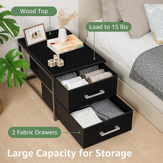 BOLUO Stackable Storage Drawers Narrow Closet Organizers and Storage Fabric Black 2 Drawer Dresser for Bedroom Modern