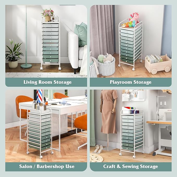Giantex 10-Drawer Rolling Storage Cart w/Wheels, Handle, Removable Drawers, Mobile Organizer Storage Unit, Trolley Utility Cart for Home Kitchen Living Room Office Play Room, Green Gradient