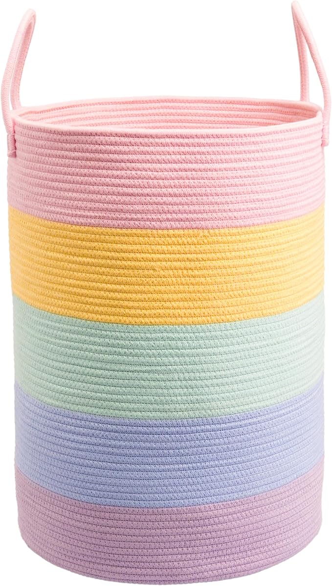 XUANGUO Rope Laundry Basket Hamper for Kids Girl Woven Storage Basket for Living Room Bedroom Boho Tall Baskets for Blanket Toys Pillow Towels Baby Nursery Hamper Bin rainbow Large