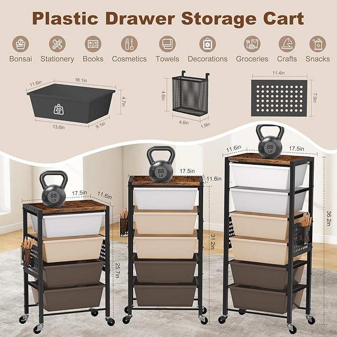 Rolling Cart with Drawers, Rolling Storage Cart with Large Plastic Drawers & Wooden Tabletop, Utility Cart with Pegboards & Basket, Storage Drawers Cart for Living Room, Classroom, Bedroom, Office