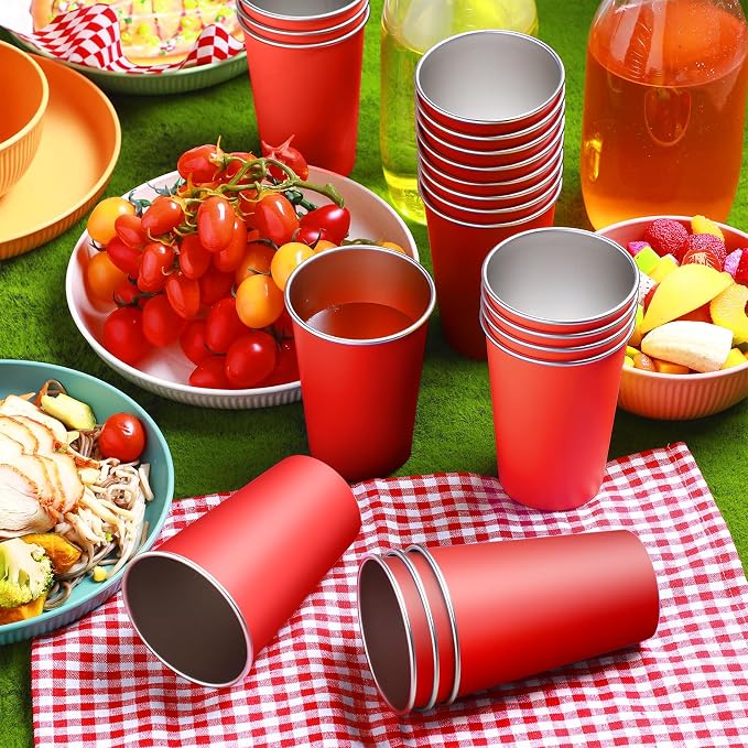 Mimorou 20 Pack 16 oz Stainless Steel Pint Cups Metal Cups Unbreakable Drinking Water Tumblers Stackable Tumbler for Adults Bar Home Restaurant Travel Picnic Camping Outdoor (Red)