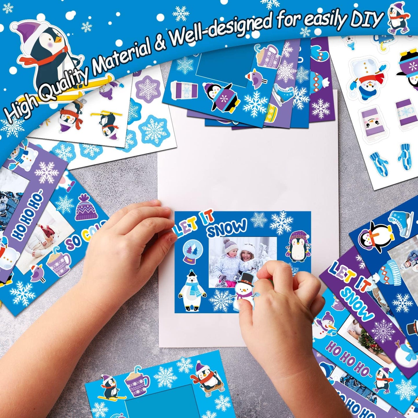 30 Packs Winter Craft Kits for Kids, Holiday DIY Picture Frame Craft Snowflake Penguin Polar Bear Art Party Favor Home Classroom Game Activities