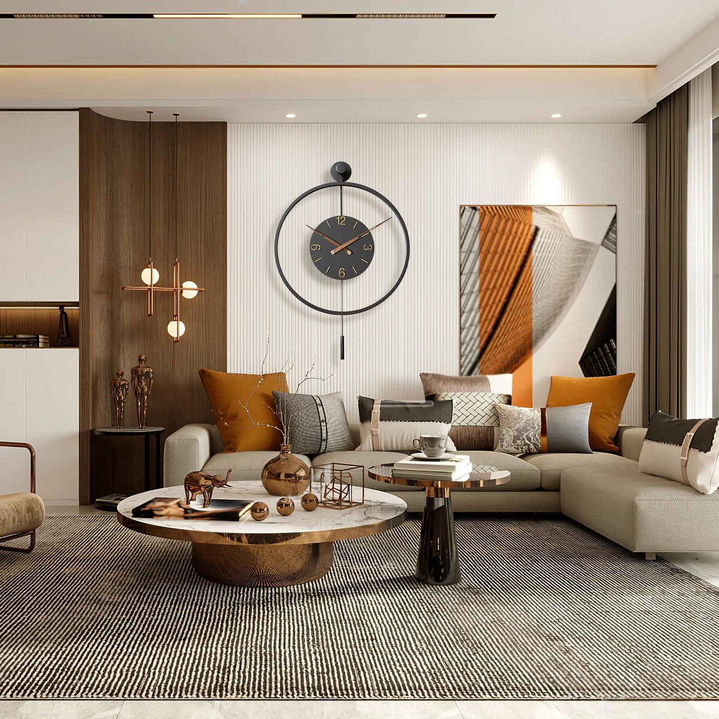 30.7×20 Inch Large Modern Decorative Wall Clocks for Living Room,Big Metal Minimalist 3D Arabic Numeral Dial,Farmhouse Pendulum Wall Clock With Elegant Walnut Pointers for Office,Dining Room Decor