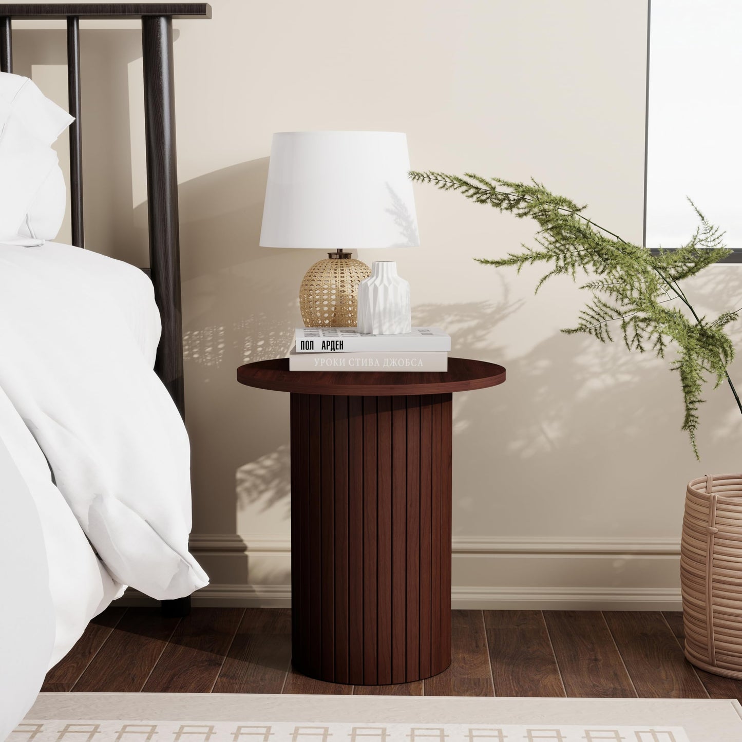 Small Round Side Table, Fluted Drum Pedestal End Table, Wood Plant Stand for Small Spaces, Modern Home, Bedroom, and Living Room Desk Furniture, Brown