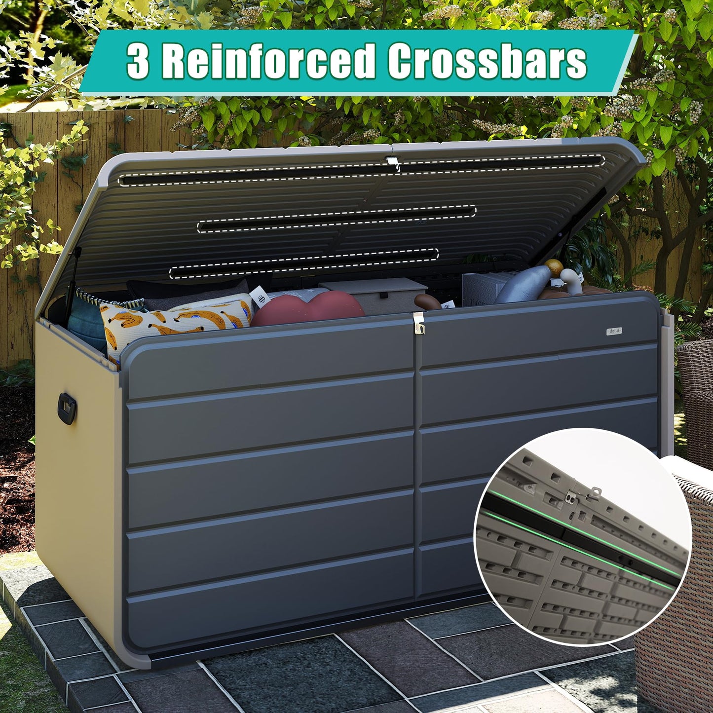 Domi 160 Gallon Resin Deck Box, Waterproof & UV-Resistant Outdoor Large Storage Box Lockable Storage Bin for Patio Cushions Pool Supplies Garden Tools and Delivery Storage