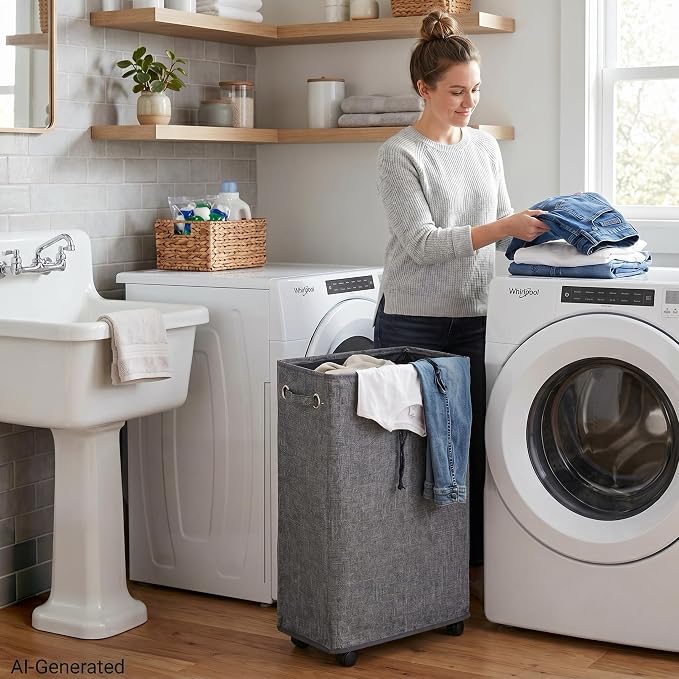 DOKEHOM 29-Inches Enlarged Slim Laundry Basket with Removable Wash Bag on Wheels, Collapsible Rolling Laundry Hamper, Foldable Narrow Corner Clothes Storage Bins (Linen Grey)