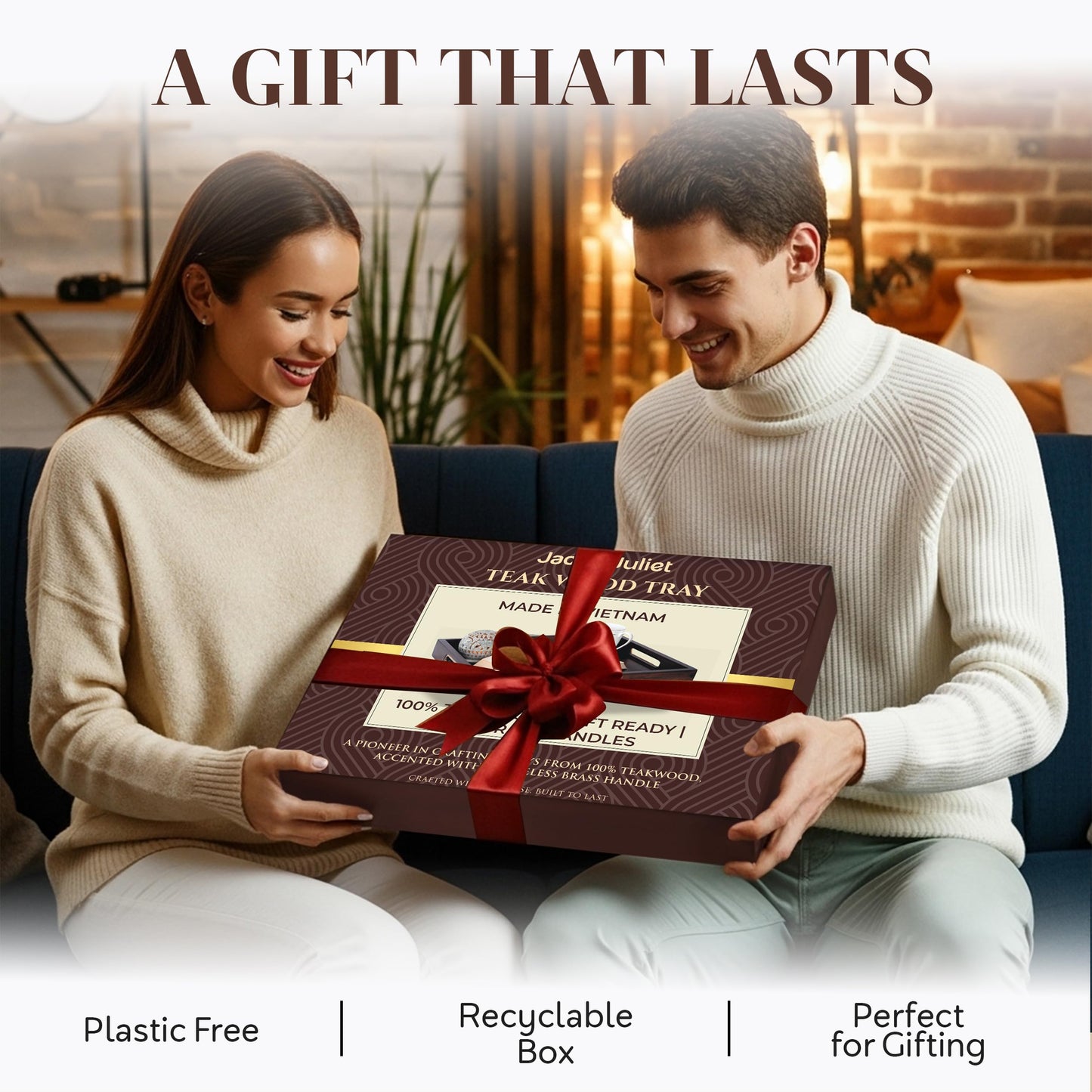 Jack & Juliet Teak Wood Ottoman Tray – Large Wooden Multifunctional Tray with Real Brass Handles - Non Slip Base in Food-Safe Finish - Gift-Ready Packaging for Coffee Table and Home Decor (Cherry)