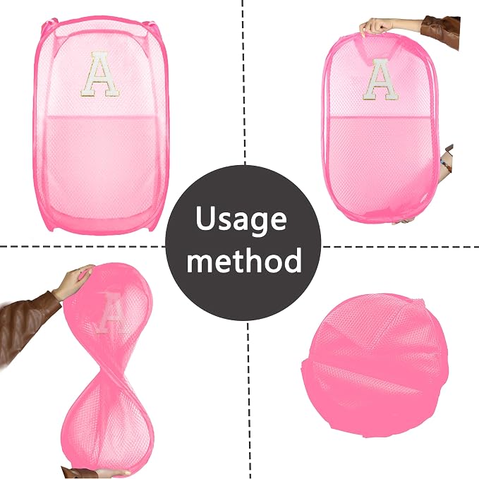 Collapsible Pop Up Laundry Hamper, Extra Large with Removable Initial Letter A, Mesh Foldable Laundry Basket, 28" x 16" x 16" (Pink)