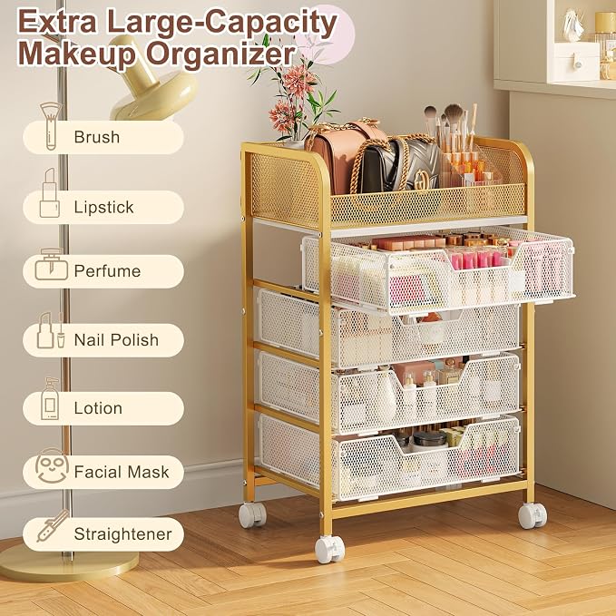 Hongtamoya Makeup Cart Organizer with 4 Drawers, Large Floor Skincare Organizers, Vanity Storage Organizer Cosmetics Display Cases for Skin Care Perfume Nail Polish, Gold
