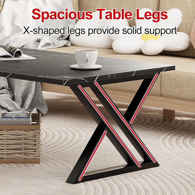 Wolawu Coffee Table Living Room Table Black Center Table, Simple Modern Faux Marble Rectangular Tea Table with Sturdy Black-Finished Metal Frame,Industrial Wooden Coffee Table for Bedroom Home Office