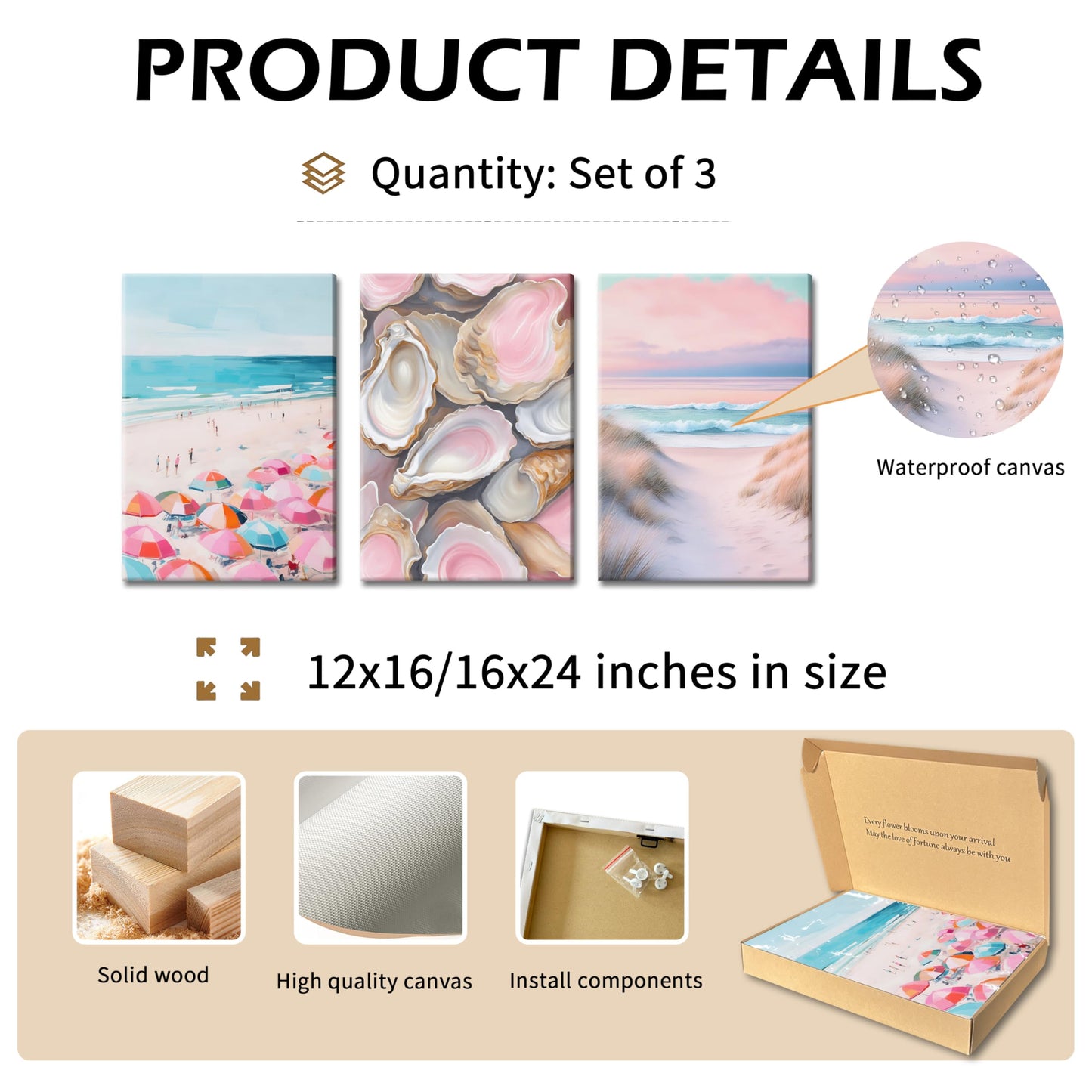 Preppy Coastal Canvas Wall Art Set of 3, Trendy Pink Beach Wall Decor Paintings, Summer Beachy Shells Oyster Aesthetic Posters Prints Pictures for Girls Room Dorm Bathroom Bedroom 12x16 Inch Framed