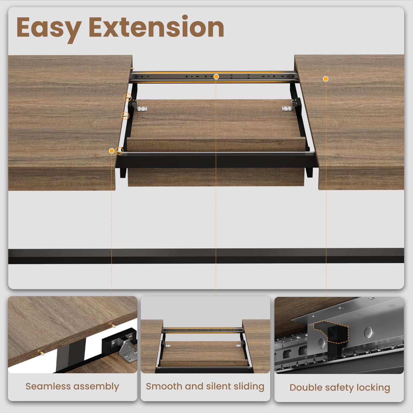 GarveeHome 63-83" Extendable Dining Table, Industrial Rectangular Dining Room Table for 6-8 People, Expandable Kitchen Table with Heavy Duty Metal Frame for Dining Room, Kitchen & Parties, Rustic Pear