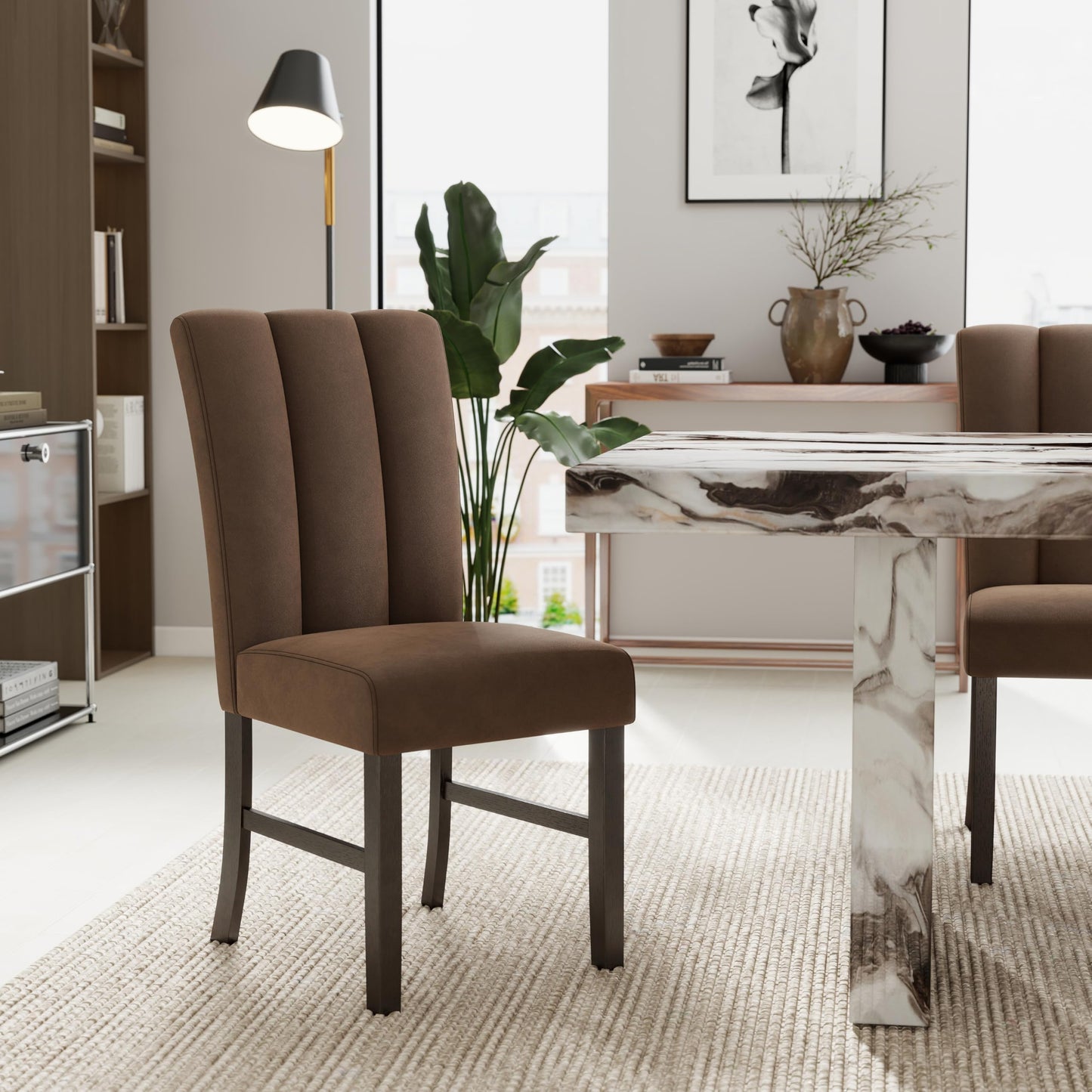 Roundhill Furniture Cavira 7-Piece Modern Faux Marble Dining Set, Double Pedestal Table with 6 Upholstered Chairs