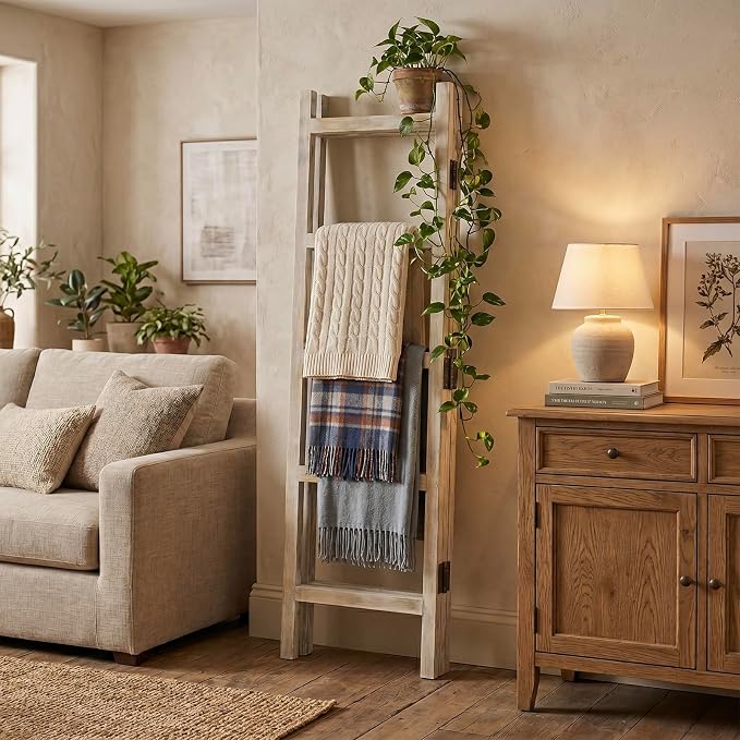 Blanket Ladder,59" H Wood Blanket Ladder for Living Room, Decorative Quilt dispaly Rack, Free Standing and Folding Towel Rack for Bathroom,Whitewashed.