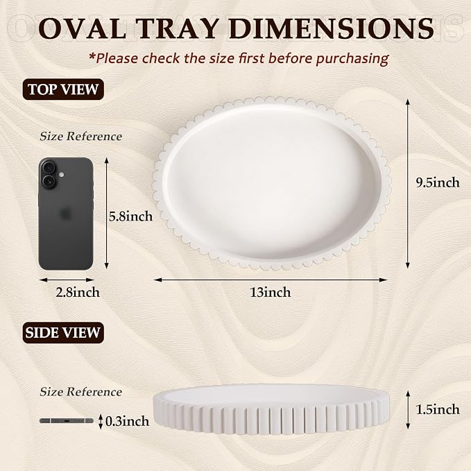 Oval Tray for Coffee Table Decor, 13" Concrete Tray, Table Centerpieces Decorative Trays for Home Decor, Modern Decorative Trays for Coffee Tables, Centerpiece Trays, White